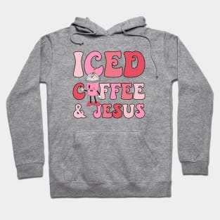 Pink Christmas Iced Coffee and Jesus Funny Retro Xmas Coffee Lover Hoodie